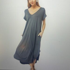 Entro Womens Maxi Dress Charcoal pocket dress New v neck short sleeve grey